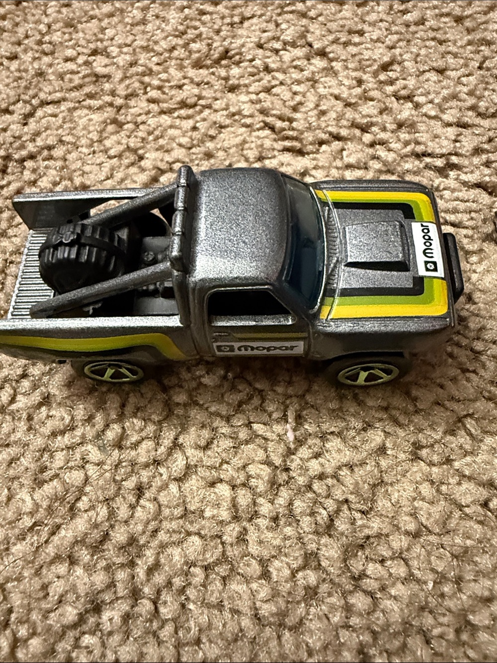 ‘87 Dodge Mattel Metallic Silver Mopar Tow Truck with Yellow and Black Stripes